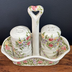 TABLETOPS UNLIMITED SPRING GARDEN HAND PAINTED SALT & PEPPER SHAKER W/ CADDY